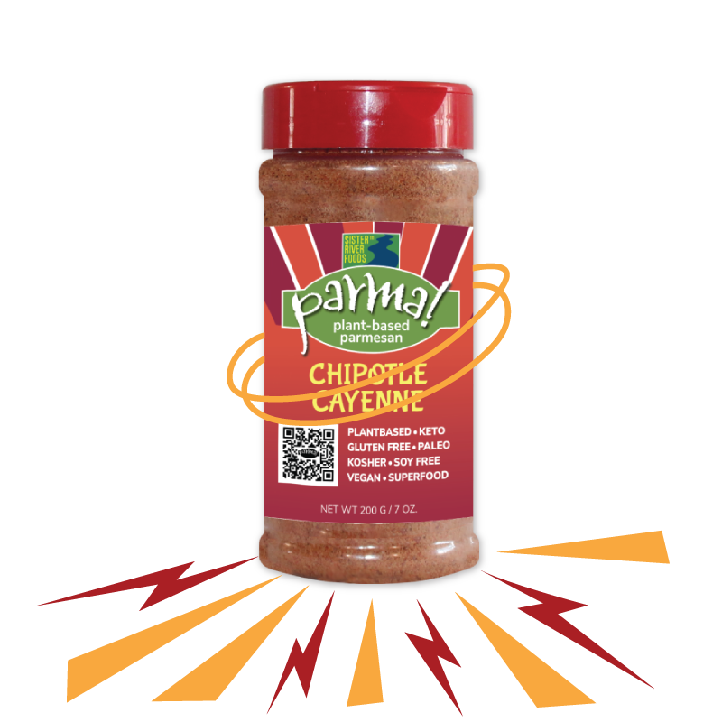 Chipotle Cayenne parma! - A bottle of Chipotle Cayenne Parma! - Plant-Based Parmesan Cheesy Superfood
