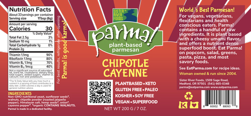Chipotle Cayenne Flavor Parma! - Vegan parmesan, super food, vegan, lactose free, kosher, gluten free, Keto, Soy Free