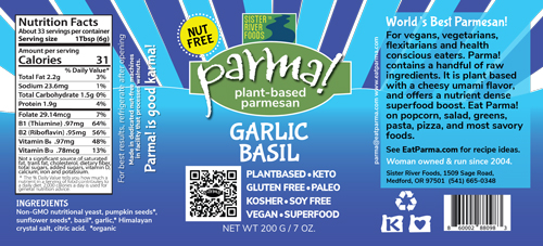 Garlic Basil Flavor Parma! - Vegan parmesan, super food, vegan, lactose free, kosher, gluten free, Keto, Soy Free
