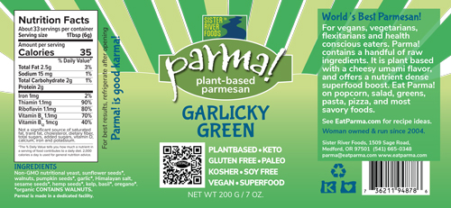 Garlicky Green Flavor Parma! - Vegan parmesan, super food, vegan, lactose free, kosher, gluten free, Keto, Soy Free